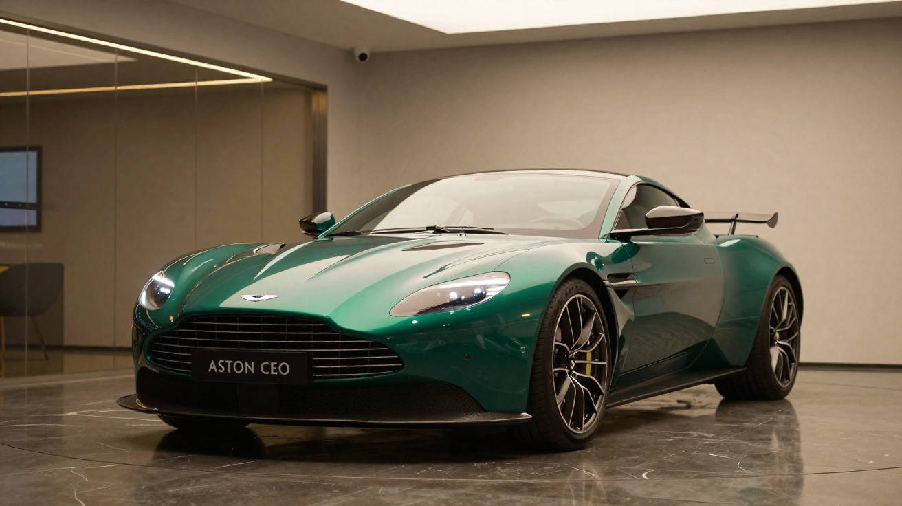 Grüner Aston Martin CEO Sportwagen in modernem Innenraum mit Reflexion auf dem Boden.