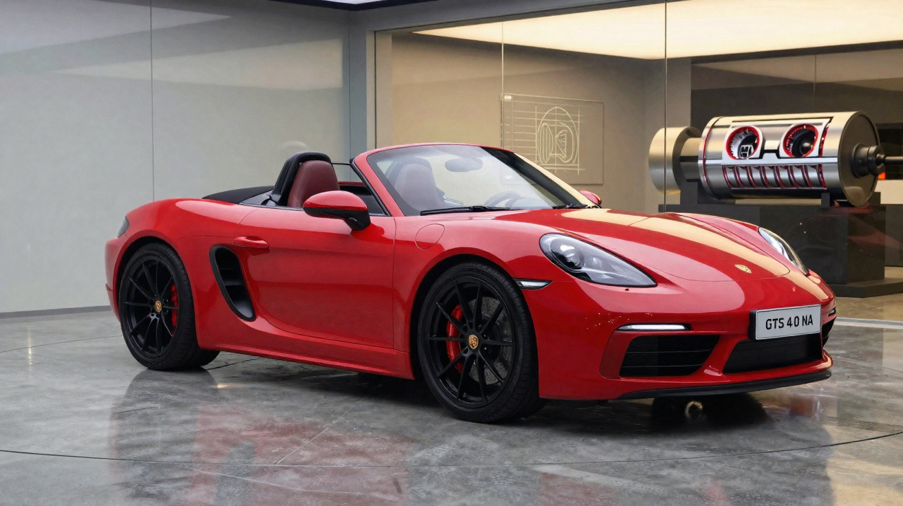 Roter Porsche 718 Boxster GTS 4.0 mit schwarzem Verdeck in moderner, heller Ausstellungshalle.