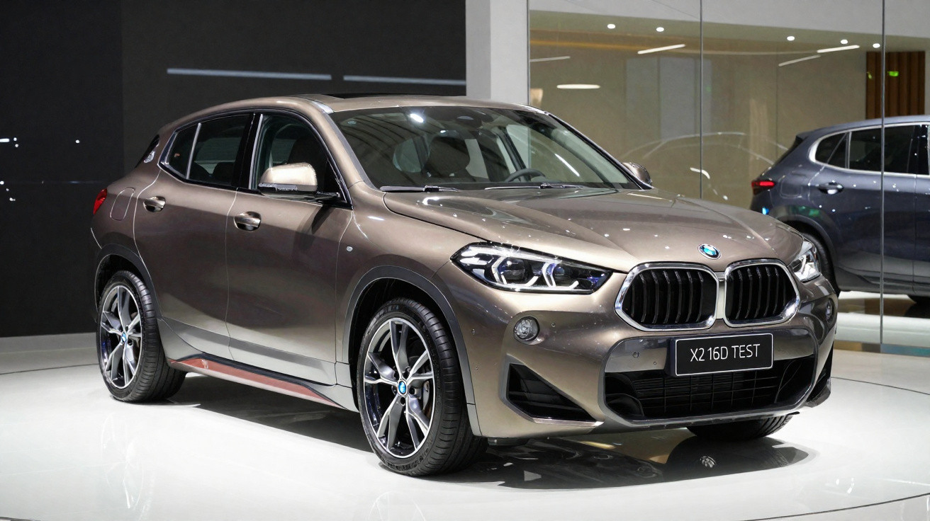 BMW X2 16D in metallicbraun auf weißem Messestand, Seiten- und Frontansicht sichtbar.