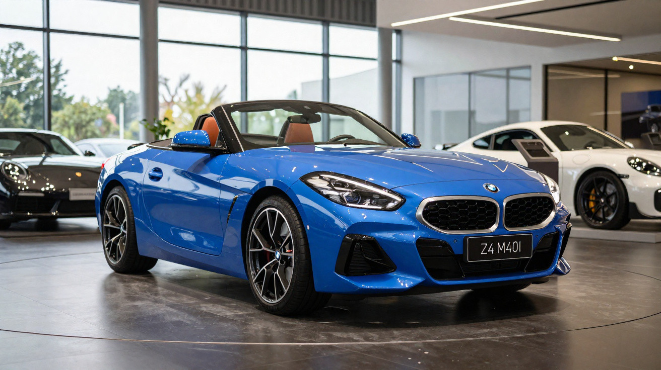 Blauer BMW Z4 M40i Roadster in einem modernen Autohaus mit offenem Verdeck.