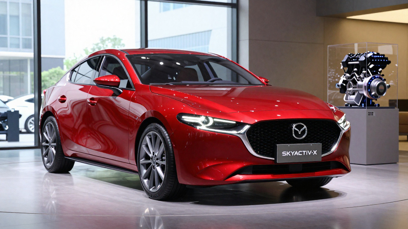 Roter Mazda Skyactiv-X Limousine steht in modernem Showroom neben Motor-Display.