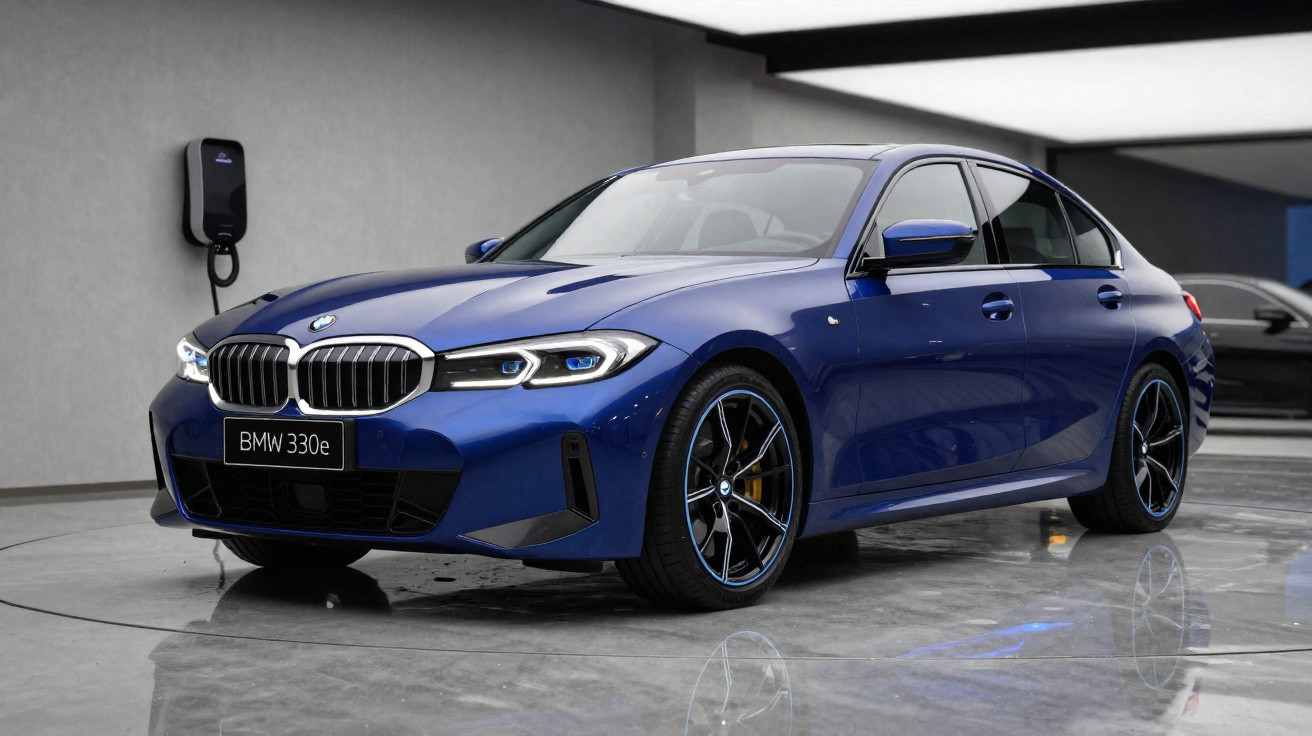 Blauer BMW 330e steht in moderner Garage an Ladestation für Elektroautos.