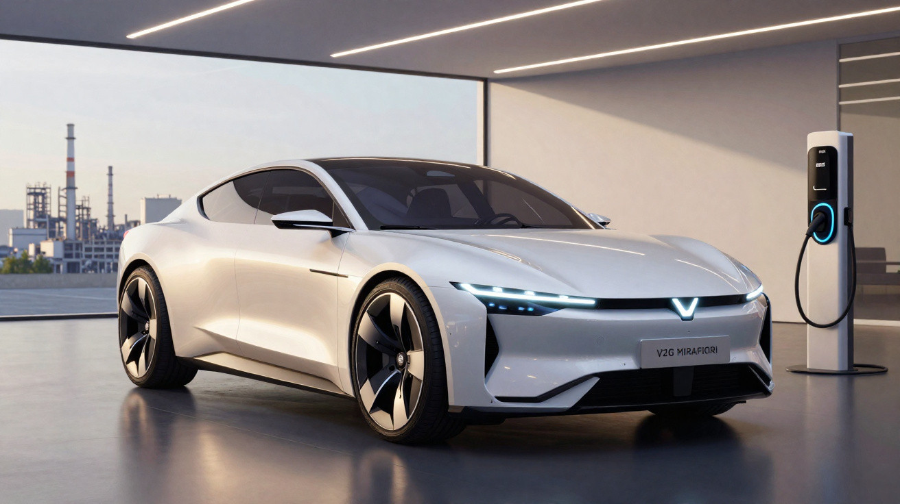 Weißes Elektroauto V2G Mirafiori an Ladestation in moderner Garage mit Industriehintergrund.