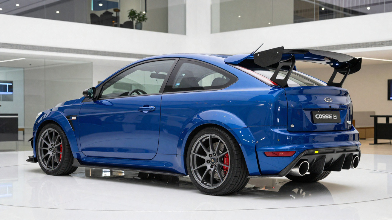 Blaues Ford Cossie RS Rennsportauto mit großem Heckspoiler in moderner Ausstellungshalle