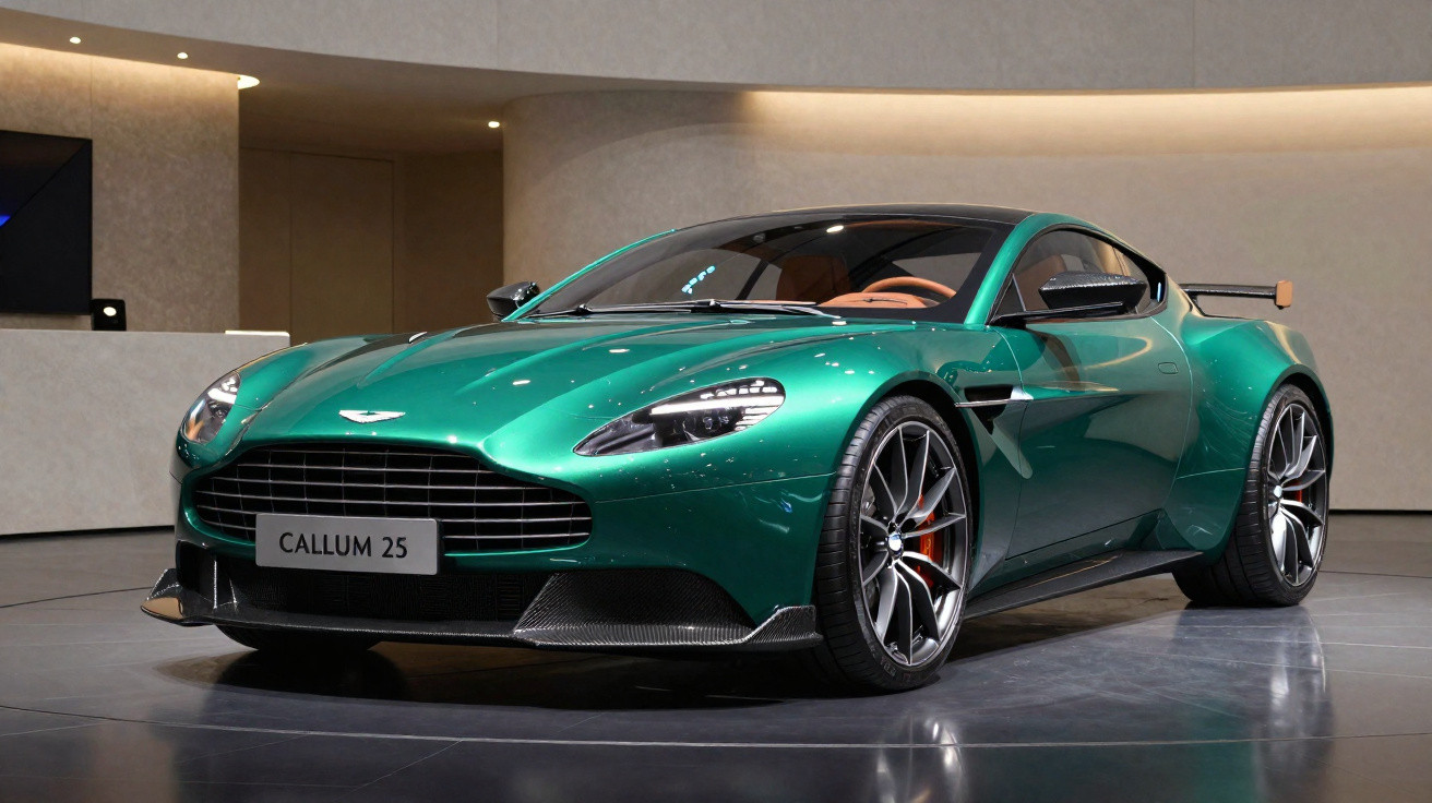 Grünes Aston Martin Sportcoupé mit aggressivem Frontdesign und großen Felgen in moderner Ausstellungshalle.