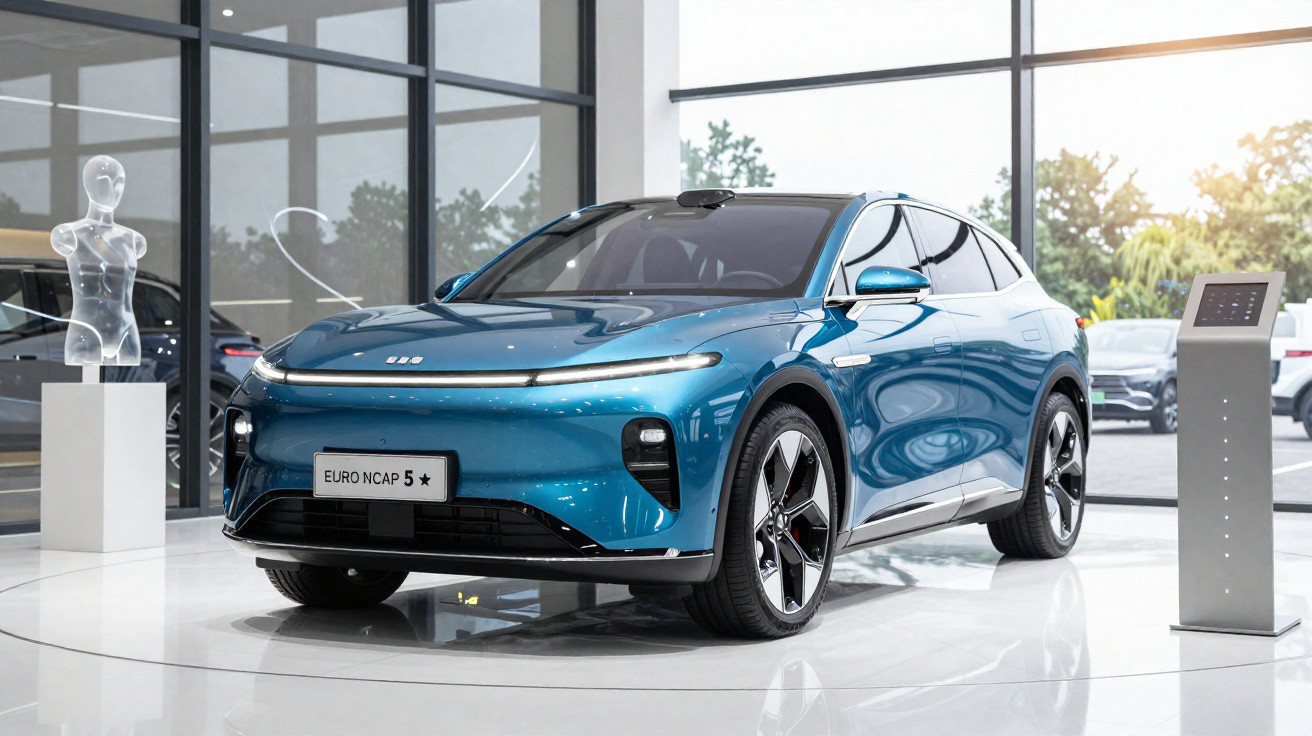 Blaues Elektro-SUV im Showroom mit Euro NCAP 5-Sterne-Bewertung auf Bodenrotationsteller.