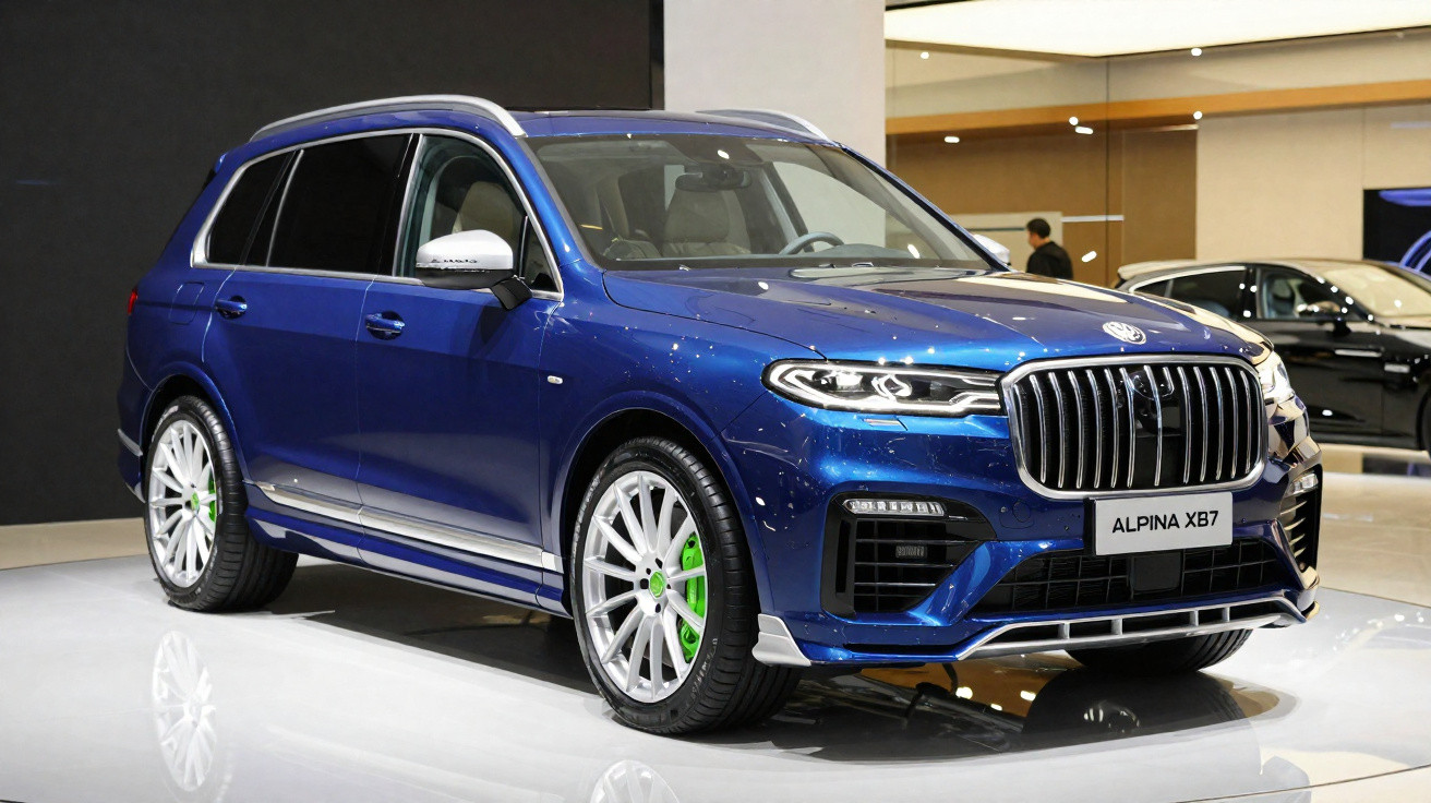 Blauer Alpina XB7 Luxus-SUV mit markantem Kühlergrill und silbernen Felgen auf Messe.