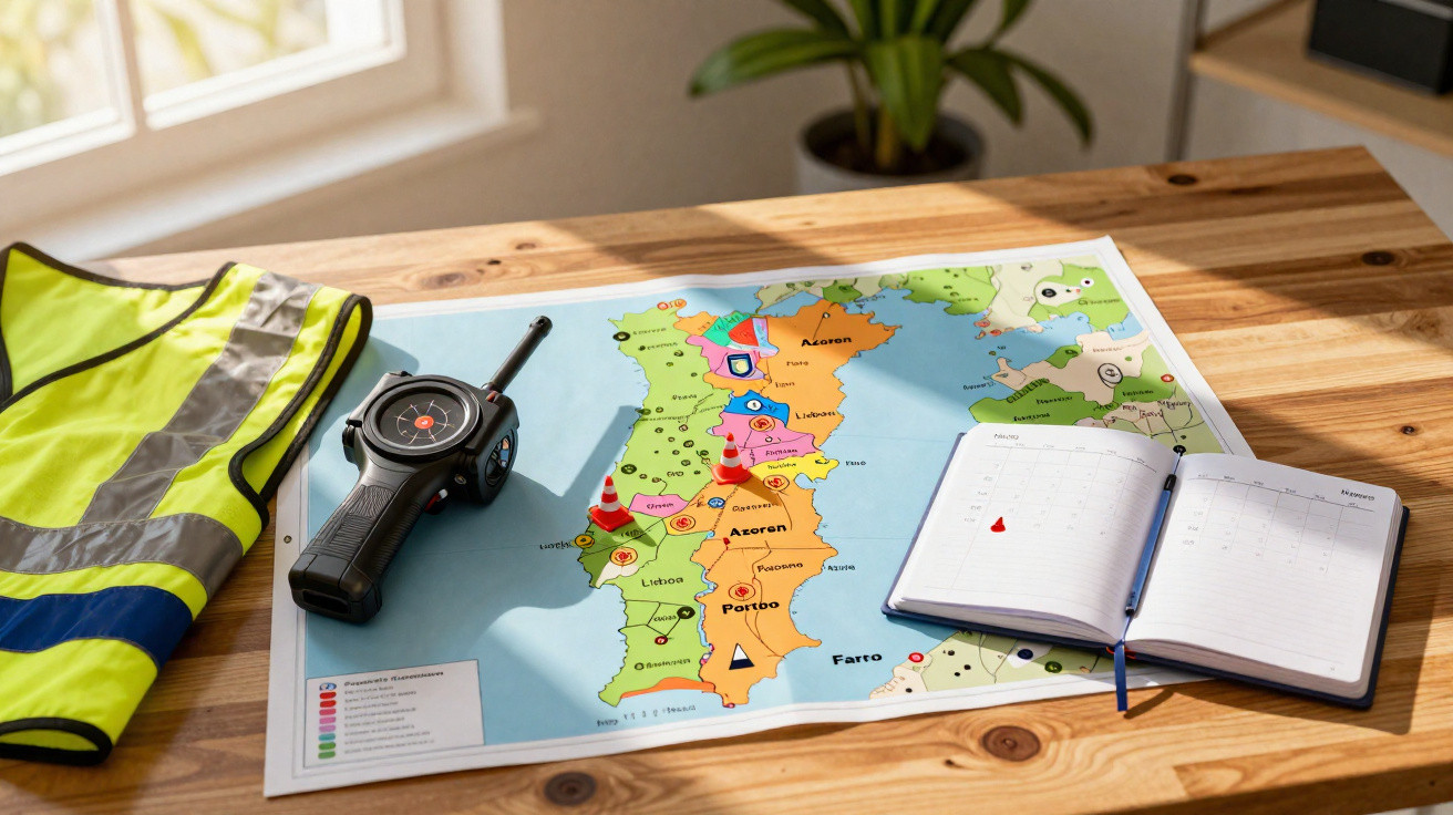 Landkarte von Portugal auf einem Holztisch mit Warnweste, Walkie-Talkie und offenem Notizbuch.