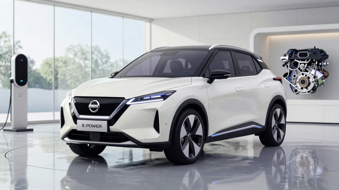 Weißer Nissan E-Power Elektro-SUV im Ausstellungsraum neben Ladestation und Motor auf Wanddisplay