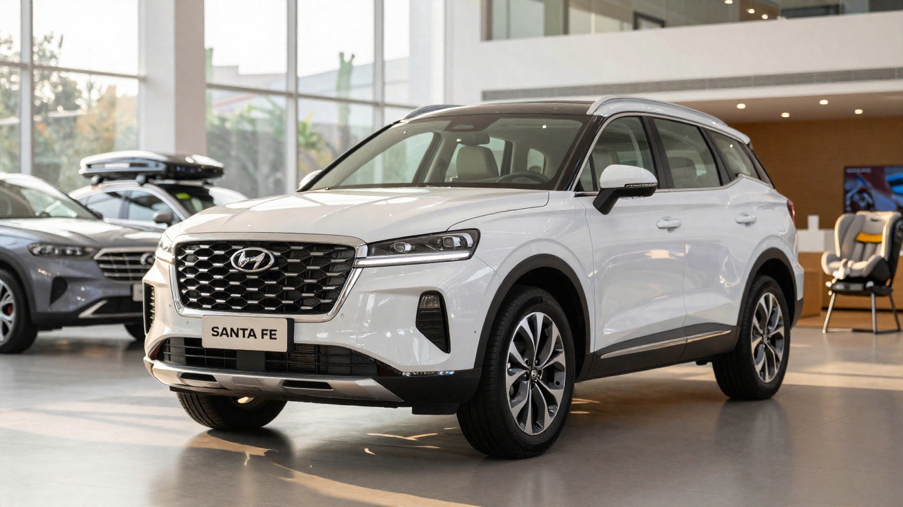 Weißer Hyundai Santa Fe SUV in einem hellen Autohaus mit großen Fenstern und modernem Interieur.