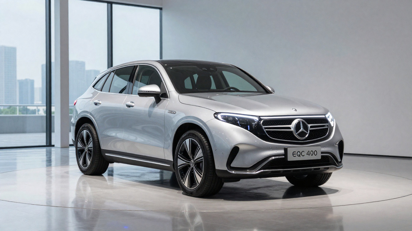 Silberner Mercedes EQC 400 Elektro-SUV in modernem, hellem Showroom stehend, Seitenansicht leicht von vorne.