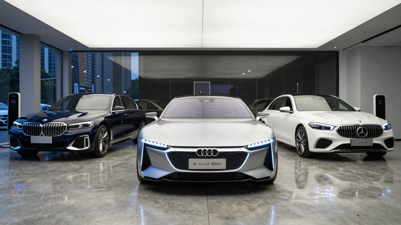 Drei Luxuslimousinen von BMW, Audi und Mercedes in einer modernen Ausstellungshalle bei Nacht.