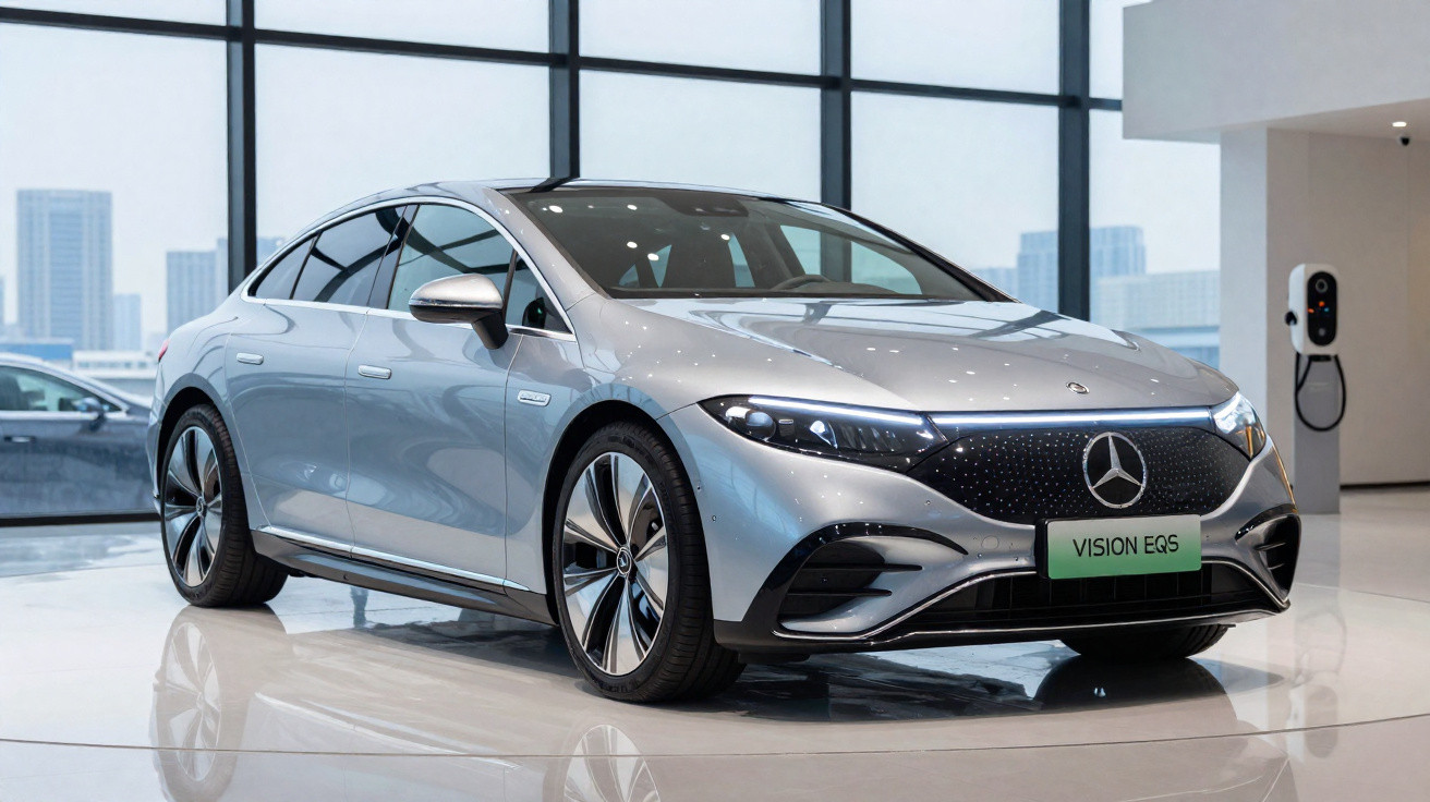 Silberner Mercedes-Benz Vision EQS Elektroauto in einem modernen Showroom mit großen Fenstern.