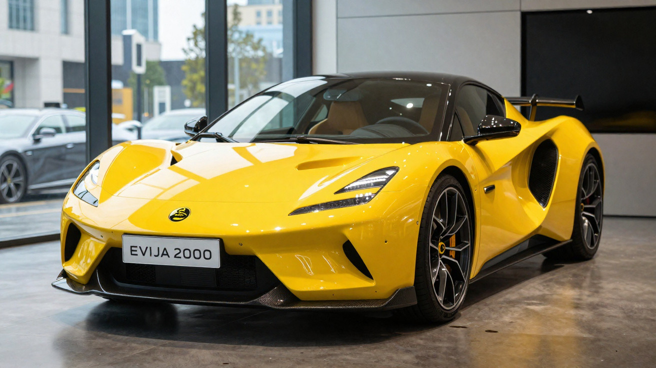 Gelber Lotus Evija Sportwagen mit schwarzem Dach in modernem Showroom vor Fensterfront.