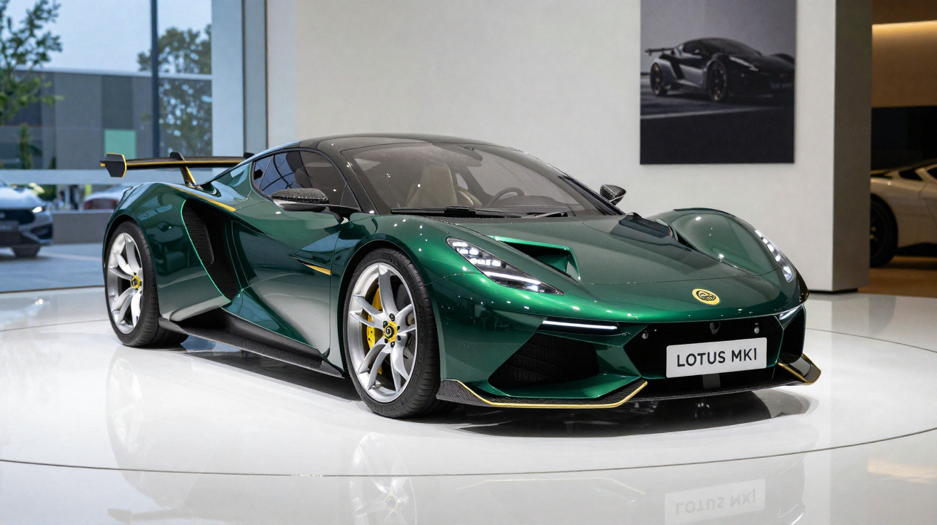 Grüner Lotus MK1 Sportwagen mit aerodynamischem Design in einem hellen Ausstellungsraum.