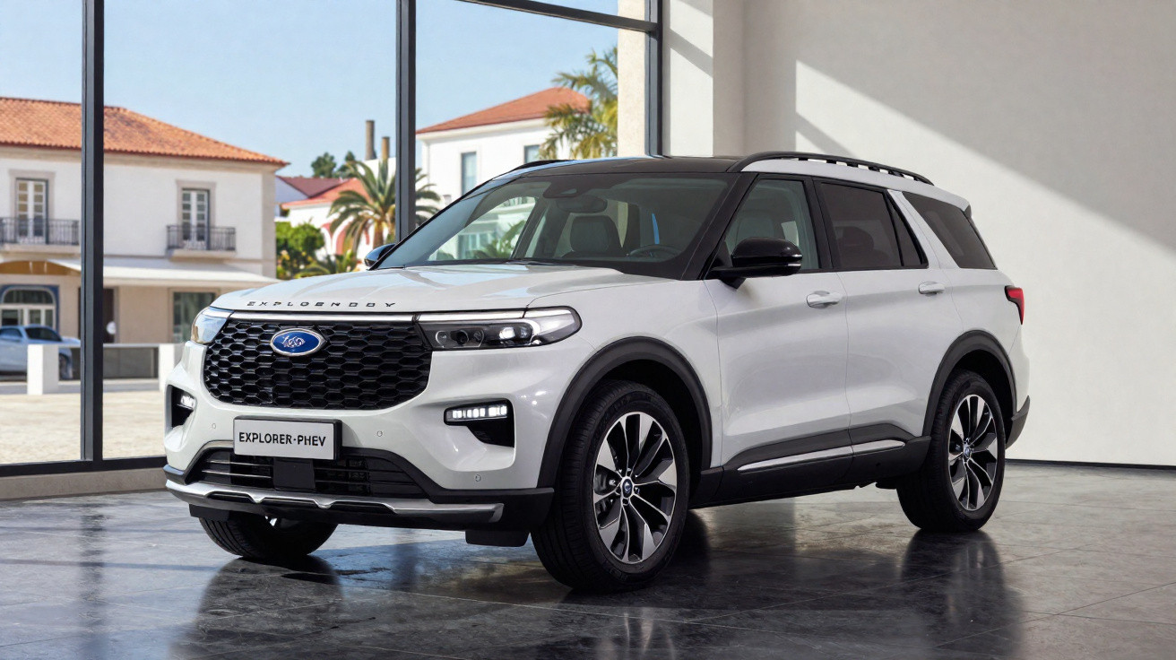 Weißer Ford Explorer PHEV SUV in modernem Ausstellungsraum mit großen Fenstern und Außenblick.
