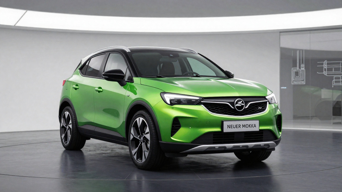 Grüner Opel Neuer Mokka SUV in moderner, minimalistischer Ausstellungshalle von vorne rechts fotografiert.