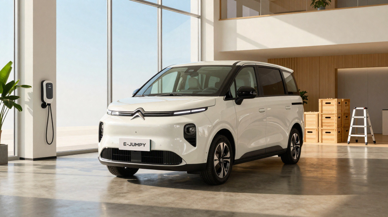 Weißer Citroën E-Jumpy Elektrovan in modernem, sonnendurchflutetem Raum neben Ladestation.