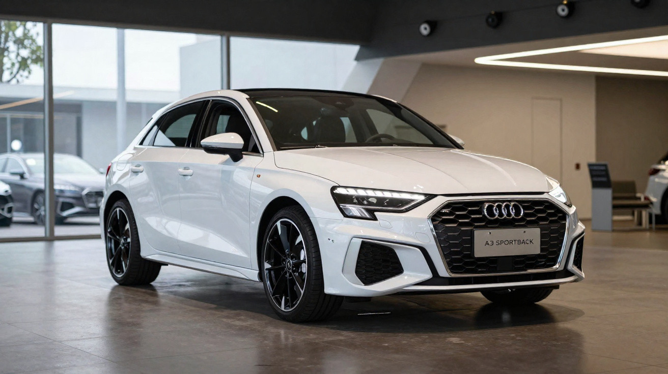 Weißer Audi A3 Sportback mit schwarzem Dach steht in einem modernen Autohaus.