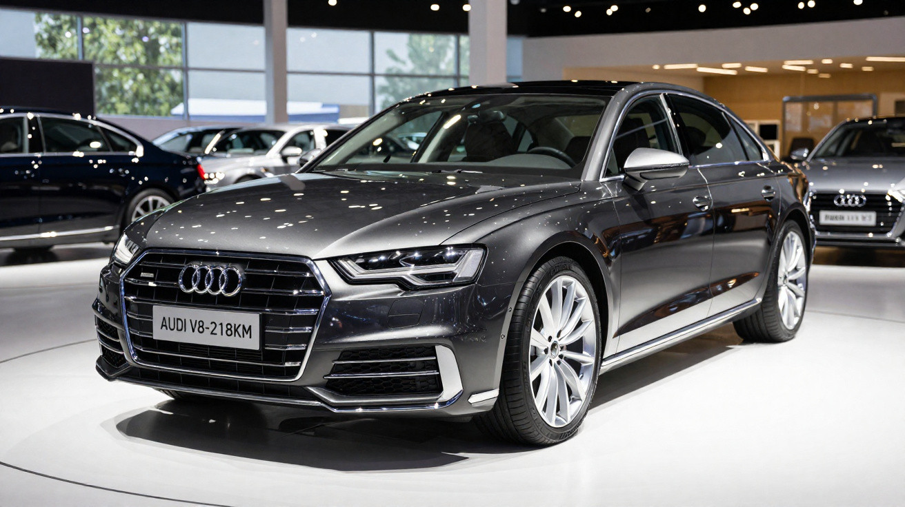 Audi V8 Limousine in metallicgrau auf weißem Ausstellungsboden in Autohaus beleuchtet