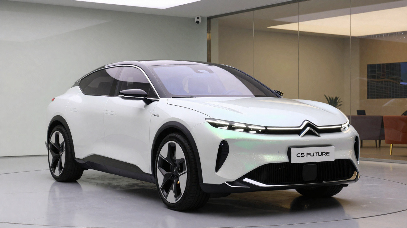 Weißes Citroën C5 Future Elektro-SUV in moderner Ausstellungshalle mit Glaswand im Hintergrund.