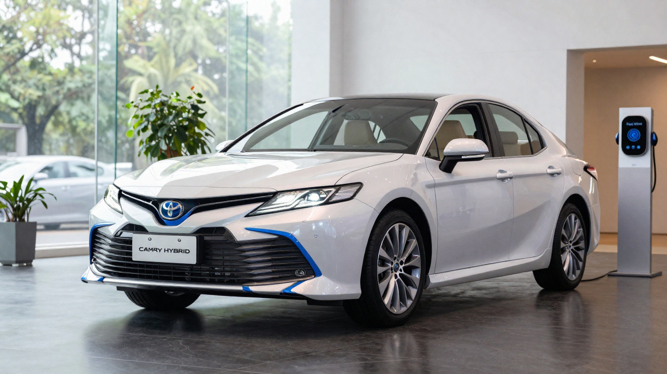 Weißer Toyota Camry Hybrid in Ausstellung mit Ladestation und großen Fenstern im Hintergrund.