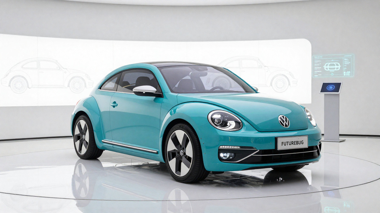 Türkisfarbener Volkswagen Futurebug Elektro-Käfer auf weißem Ausstellungsraum mit digitalen Anzeigen im Hintergrund.