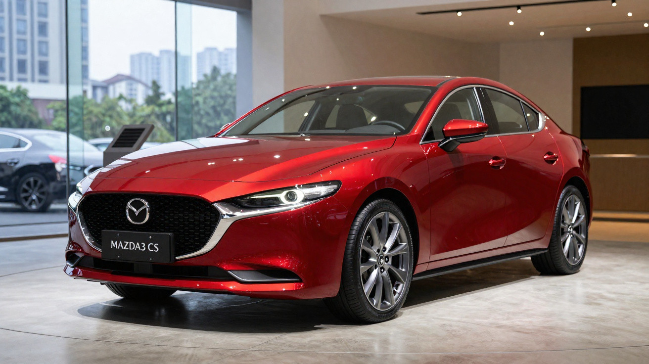 Roter Mazda 3 CS Limousine in moderner Ausstellungshalle mit großen Fenstern und Betonboden.