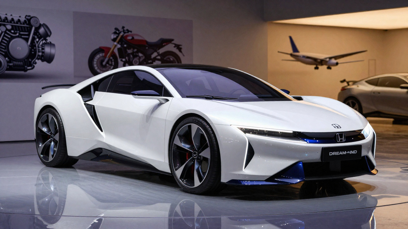 Weißer Honda Dream-Neo Sportwagen auf Ausstellung mit moderner, futuristischer Karosserie und LED-Scheinwerfern.