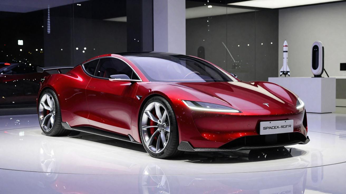 Roter Tesla Roadster mit futuristischem Design in modernem Ausstellungsraum auf weißem Boden.