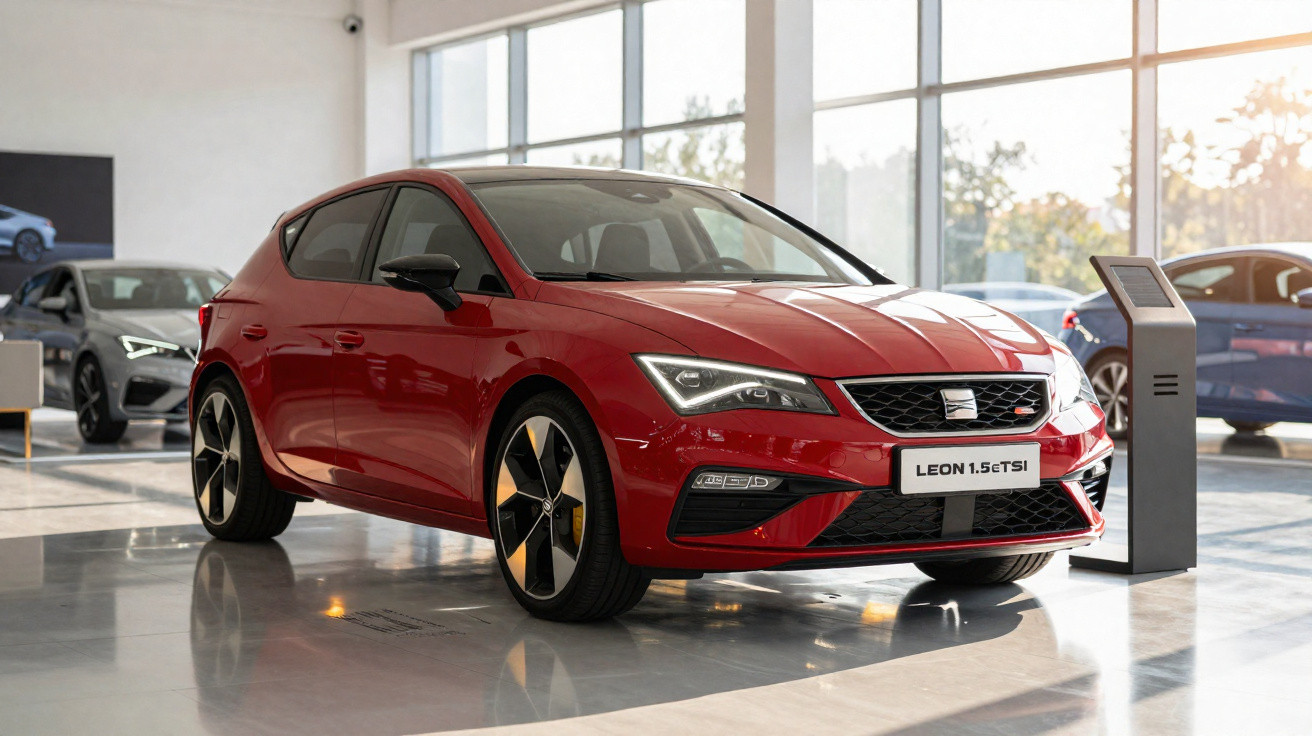 Roter Seat Leon 1.5 TSI im modernen Autohaus mit großen Fenstern und weiter Ausstellungshalle.
