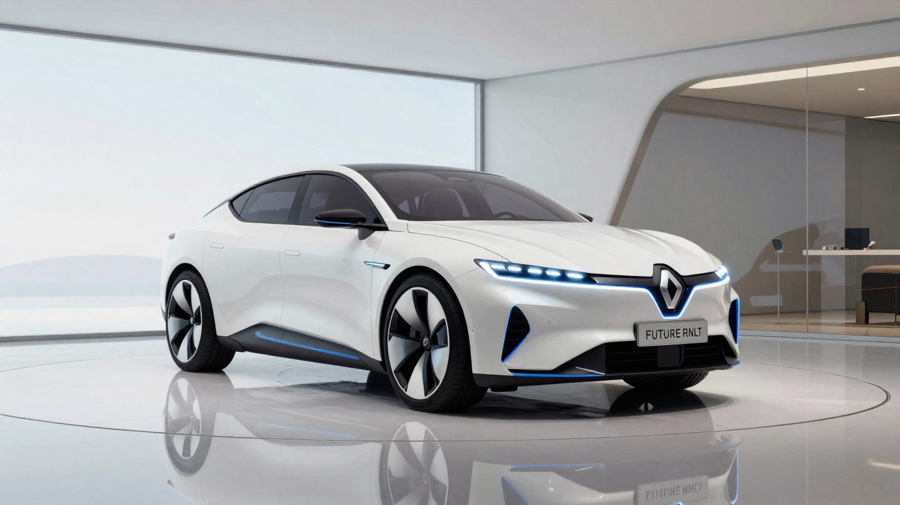 Weißer Renault Elektro-Limousine mit futuristischem Design in modernem Showroom.