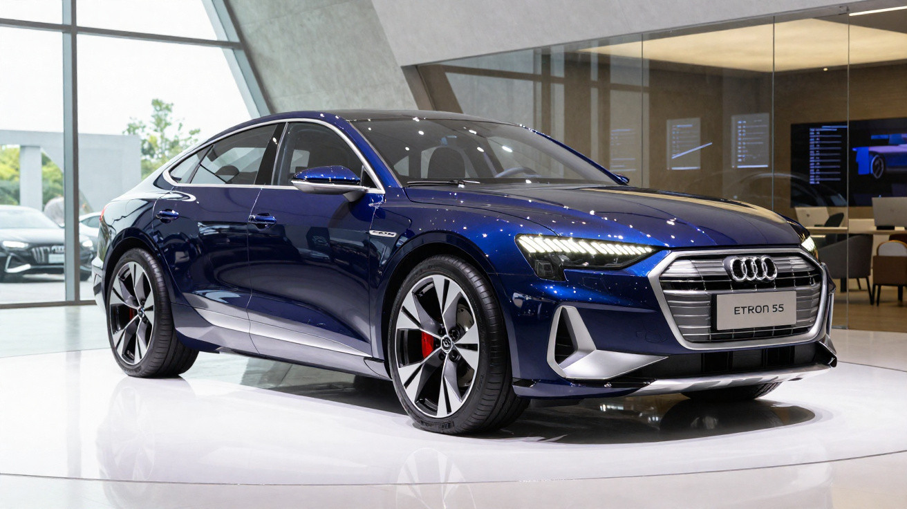 Blauer Audi e-tron 55 Elektro-Sportwagen in Ausstellungsraum mit großen Fenstern und moderner Inneneinrichtung.