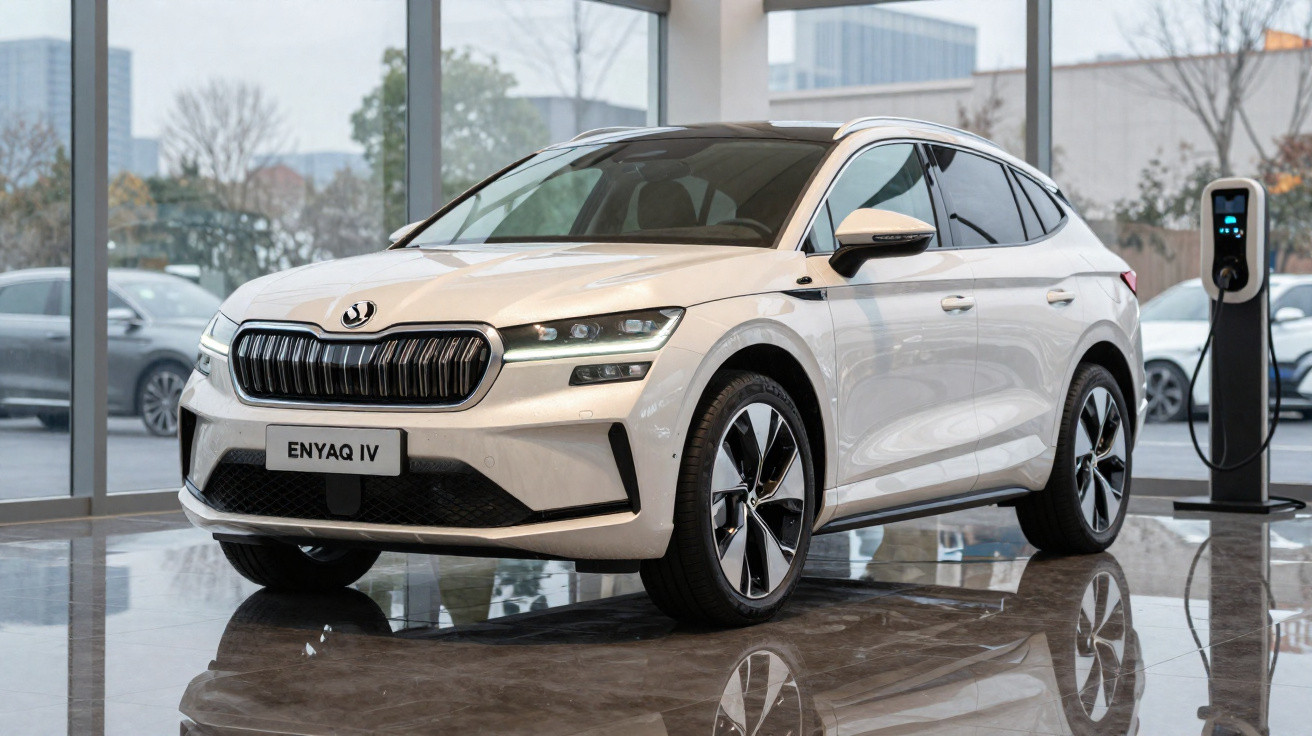 Weißer Škoda Enyaq iV Elektro-SUV lädt an Ladestation in modernem Showroom.