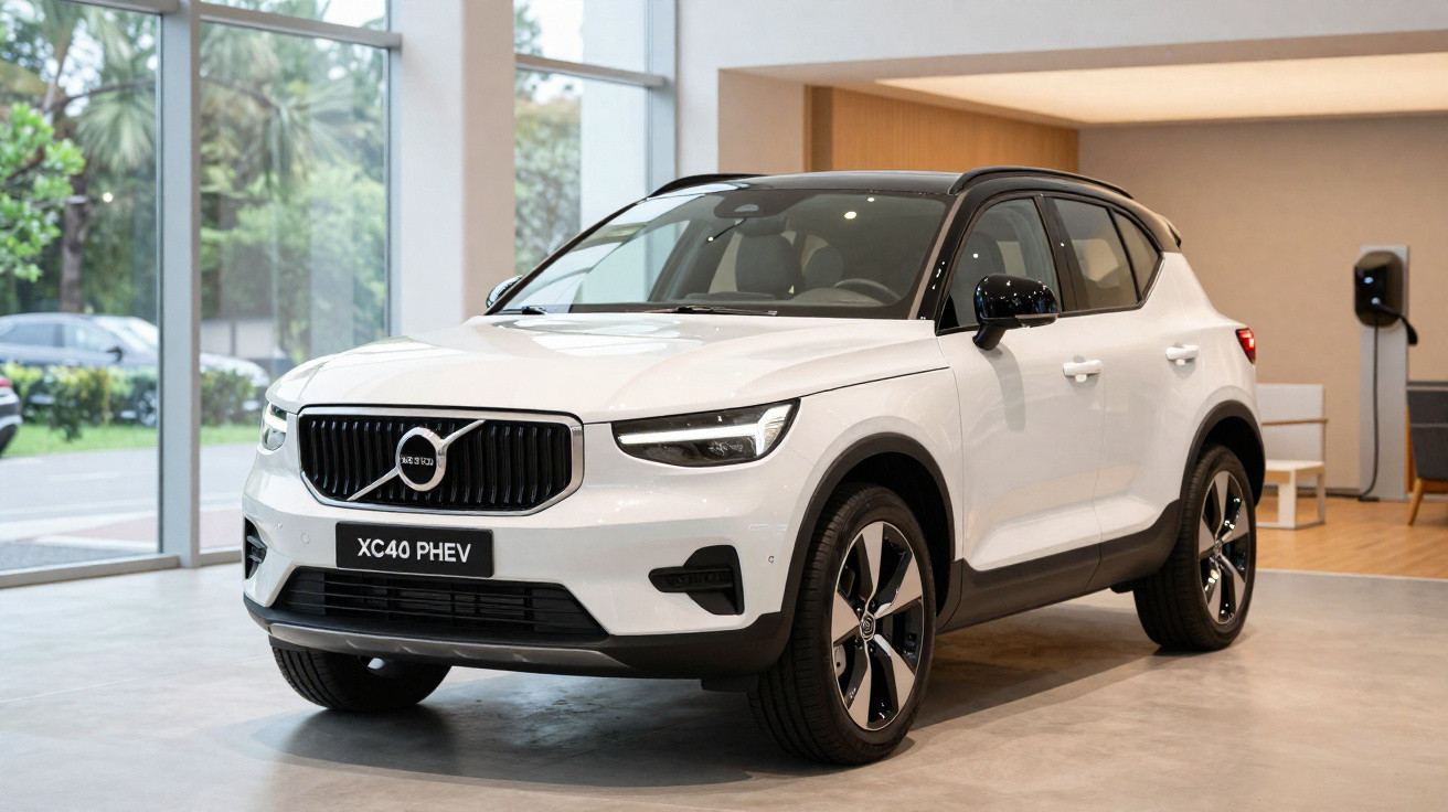 Weißer Volvo XC40 PHEV SUV in einem modernen Ausstellungsraum mit großen Fenstern und Ladestation.