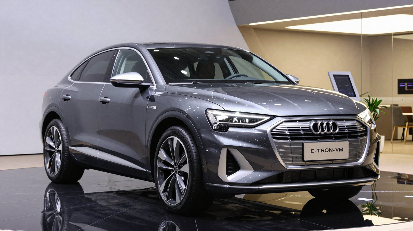 Grauer Audi E-Tron Sportback auf glänzendem Boden in moderner Ausstellungshalle.