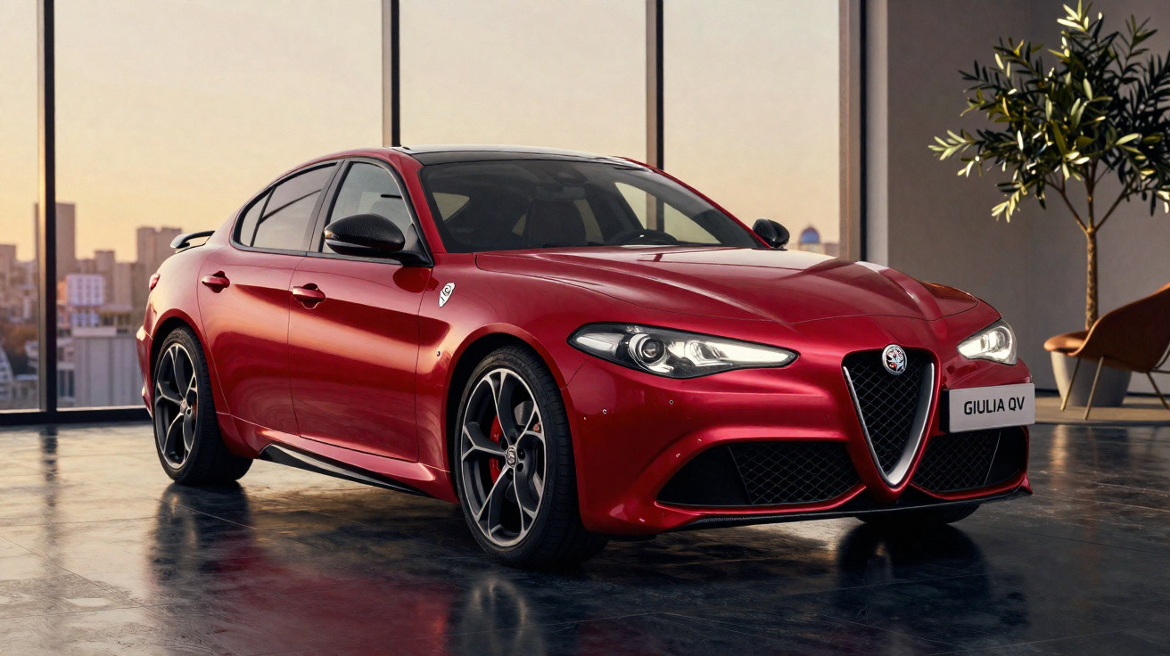 Roter Alfa Romeo Giulia QV Sportwagen in modernem Raum mit großer Fensterfront und Pflanze im Hintergrund.
