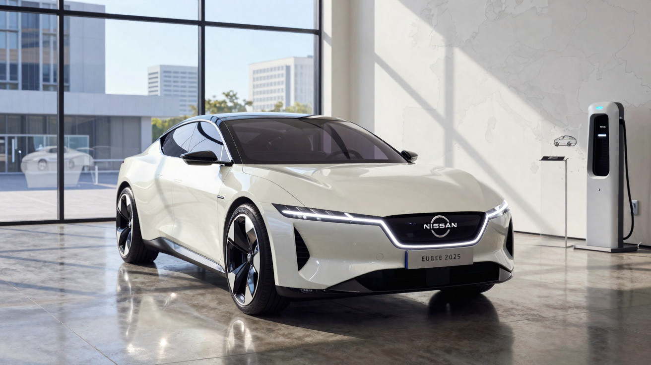 Weißer Nissan E-Auto Prototyp mit LED-Scheinwerfern in modernem Showroom neben Ladestation.
