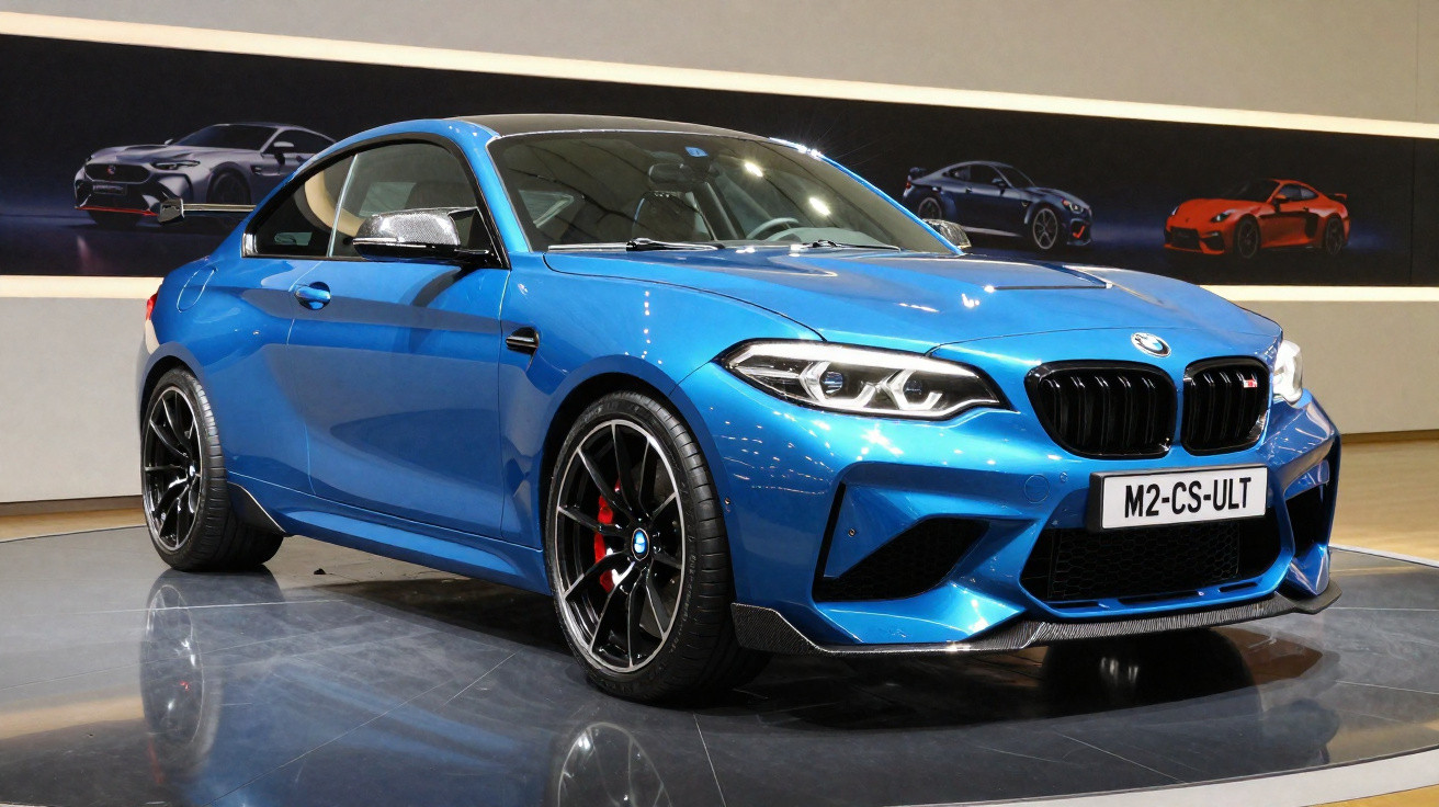 Blaues BMW M2 Coupé auf glänzendem Boden mit Rennwagenbildern im Hintergrund in Ausstellungsraum.
