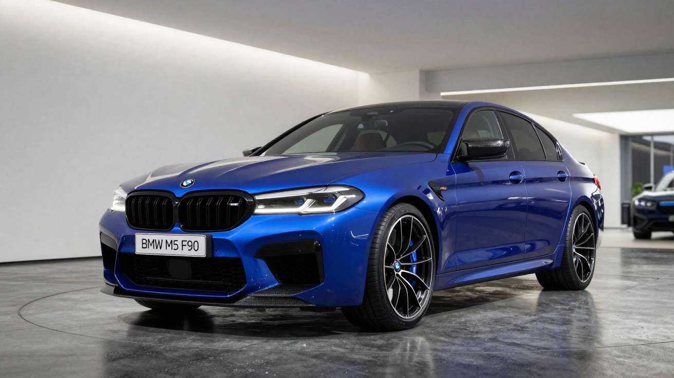 Blauer BMW M5 F90 Sportwagen in moderner, heller Ausstellungshalle, Blick vorne links, schwarze Felgen.