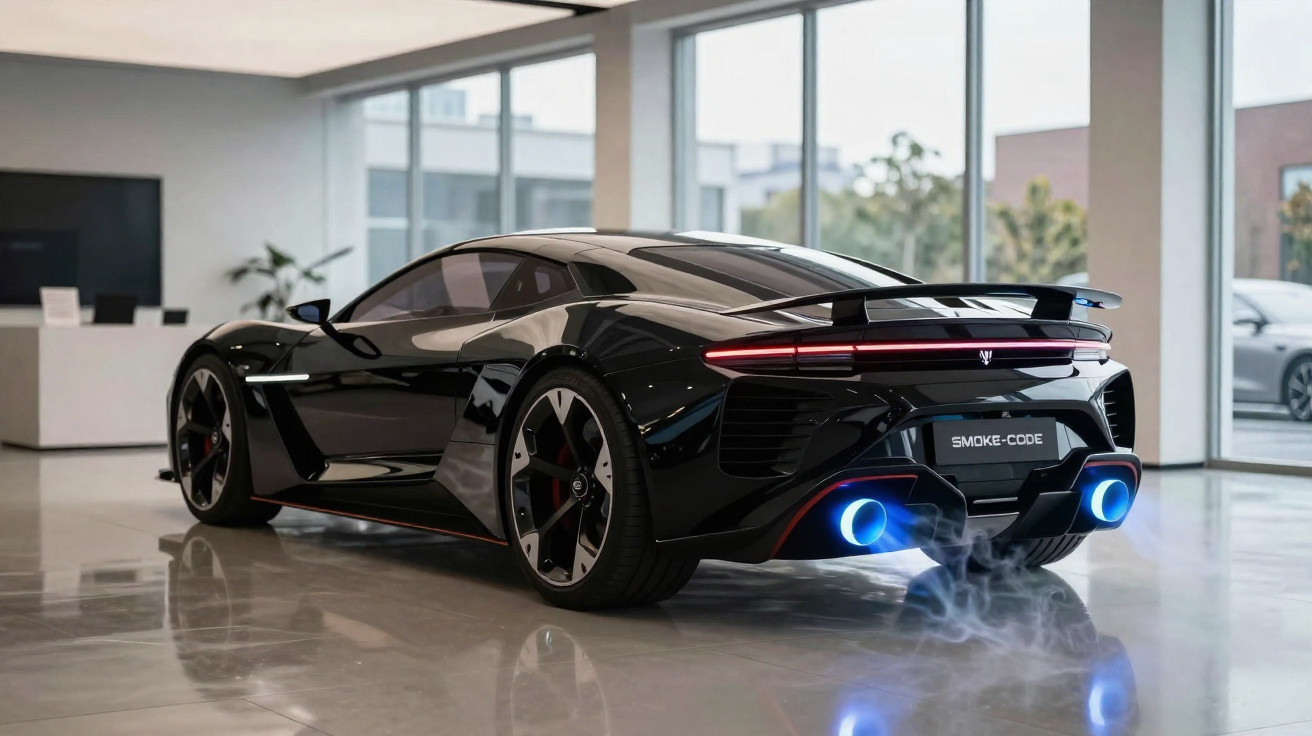 Schwarzer, futuristischer Sportwagen mit leuchtenden blauen Auspuffen in modernem Showroom mit großen Fenstern.