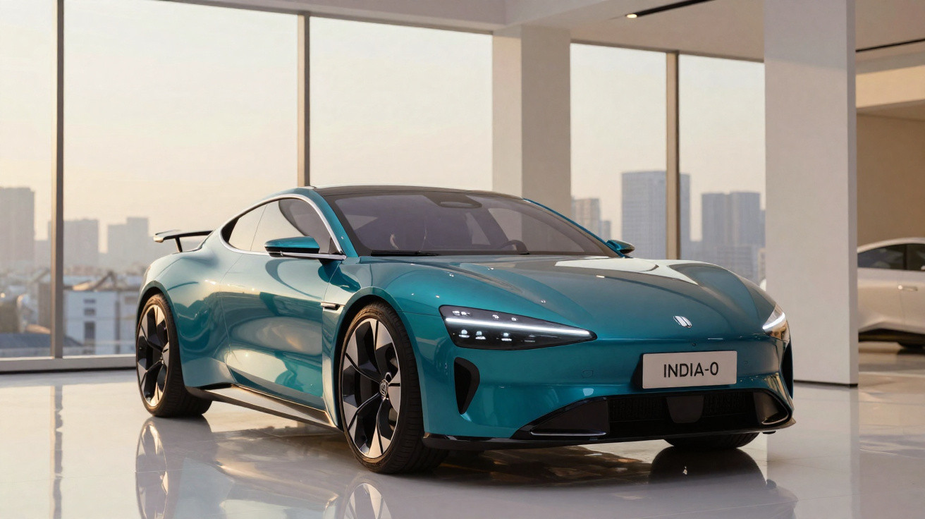 Blauer Elektro-Sportwagen Indie-Auto mit moderner Beleuchtung in hellem Showroom vor Fenstern mit Städtischer Skyline.