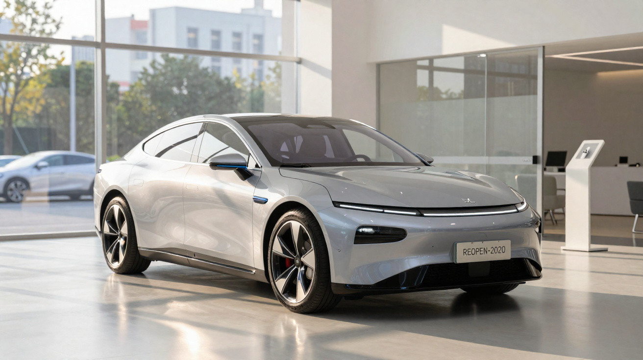 Silbernes Elektrofahrzeug im Showroom mit modernem, aerodynamischem Design und futuristischer Frontbeleuchtung.