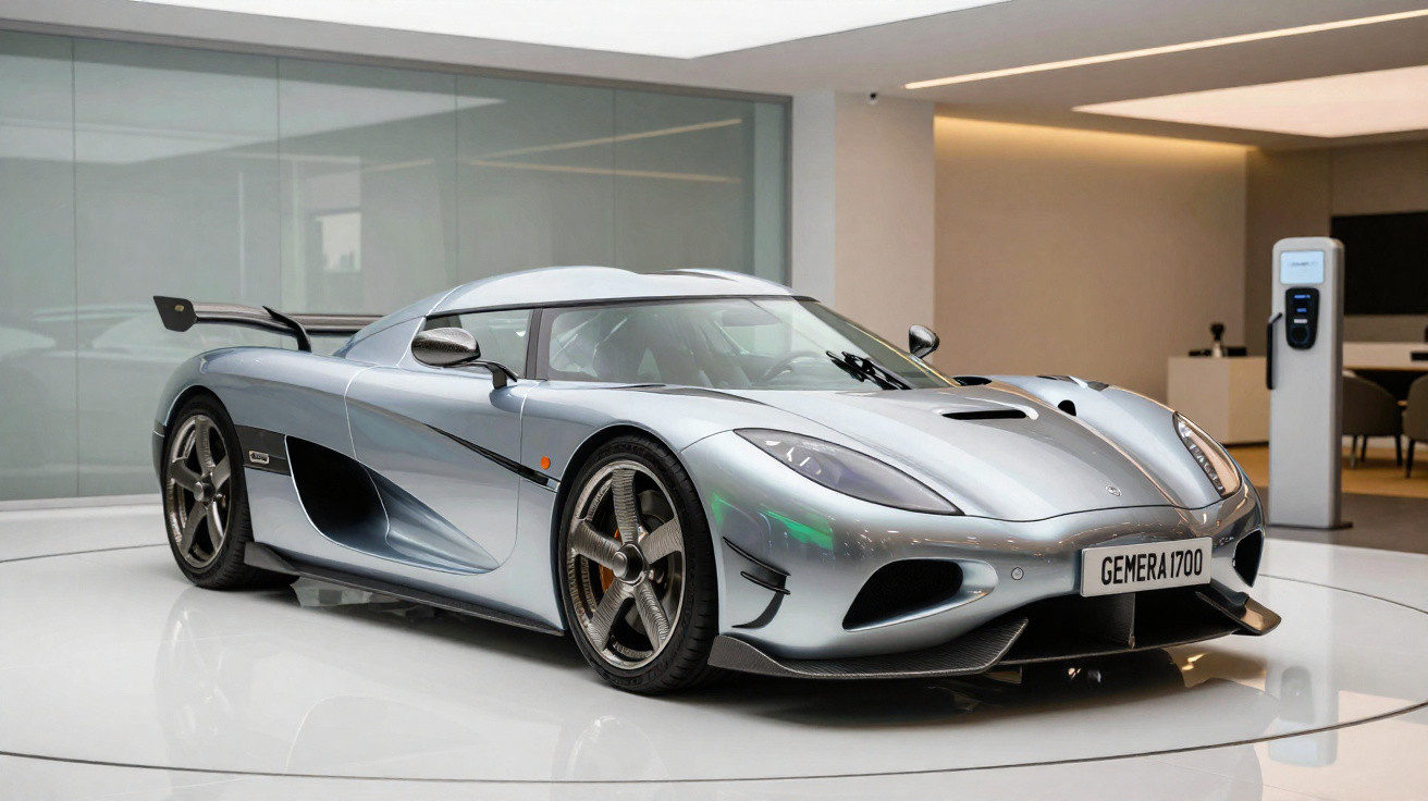 Silberner Supersportwagen Koenigsegg Gemera mit Flügeltüren in modernem Showroom mit Ladegerät.