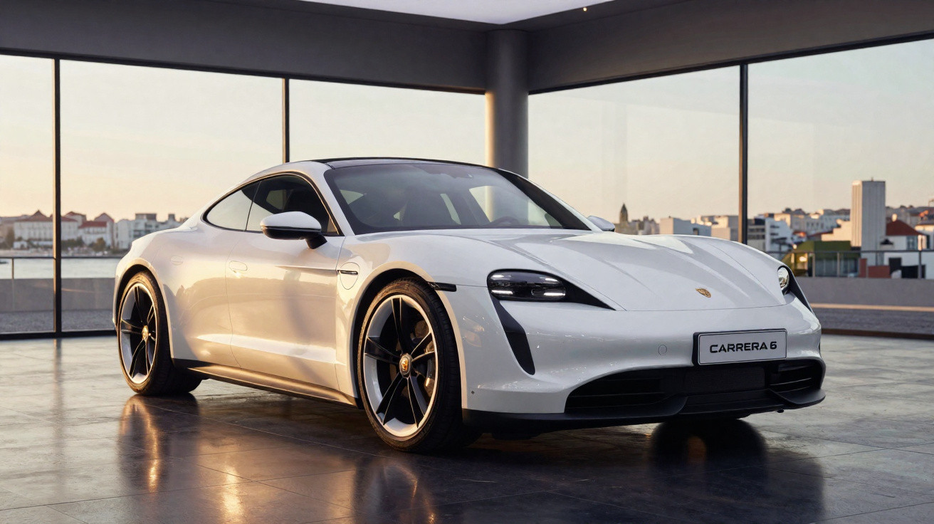 Weißer Porsche Taycan Carrera 6 sportliches Elektroauto in modernem Showroom mit großen Fenstern und Stadtblick.