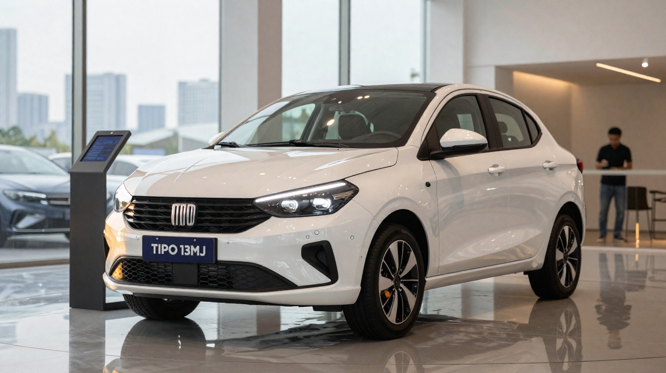 Weißer Fiat Tipo 13MJ im modernen Autohaus mit hellem Innenraum und Person im Hintergrund.
