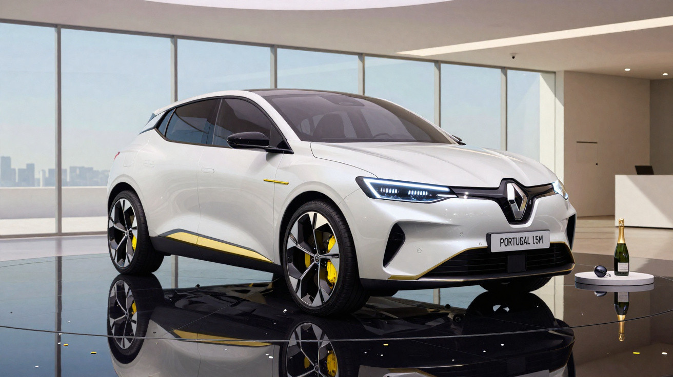 Weißer Renault Elektroauto auf schwarzem Podest in modernem Showroom mit großen Fenstern im Hintergrund.