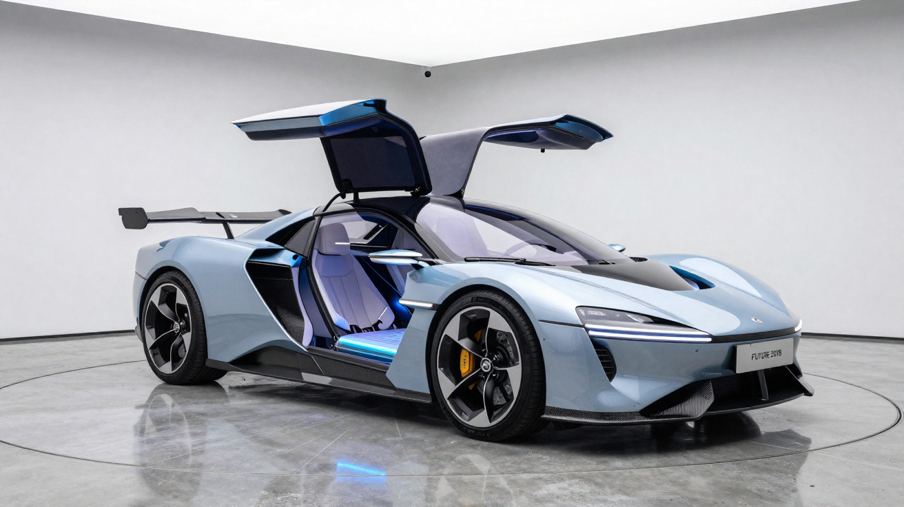 Sportlicher futuristischer blauer Supersportwagen mit geöffneten Flügeltüren in modernem Ausstellungsraum.