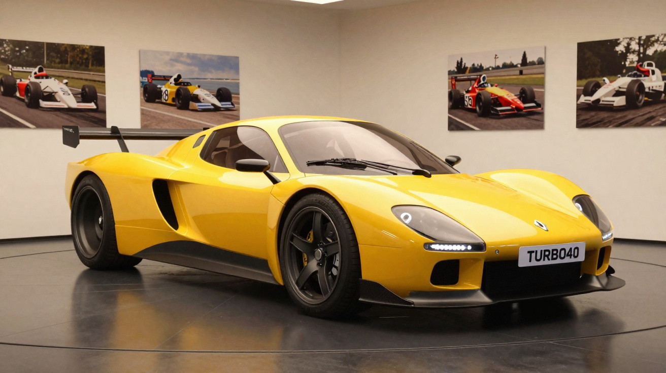 Gelber moderner Sportwagen in einer Ausstellung mit Rennwagenfotos an den Wänden.
