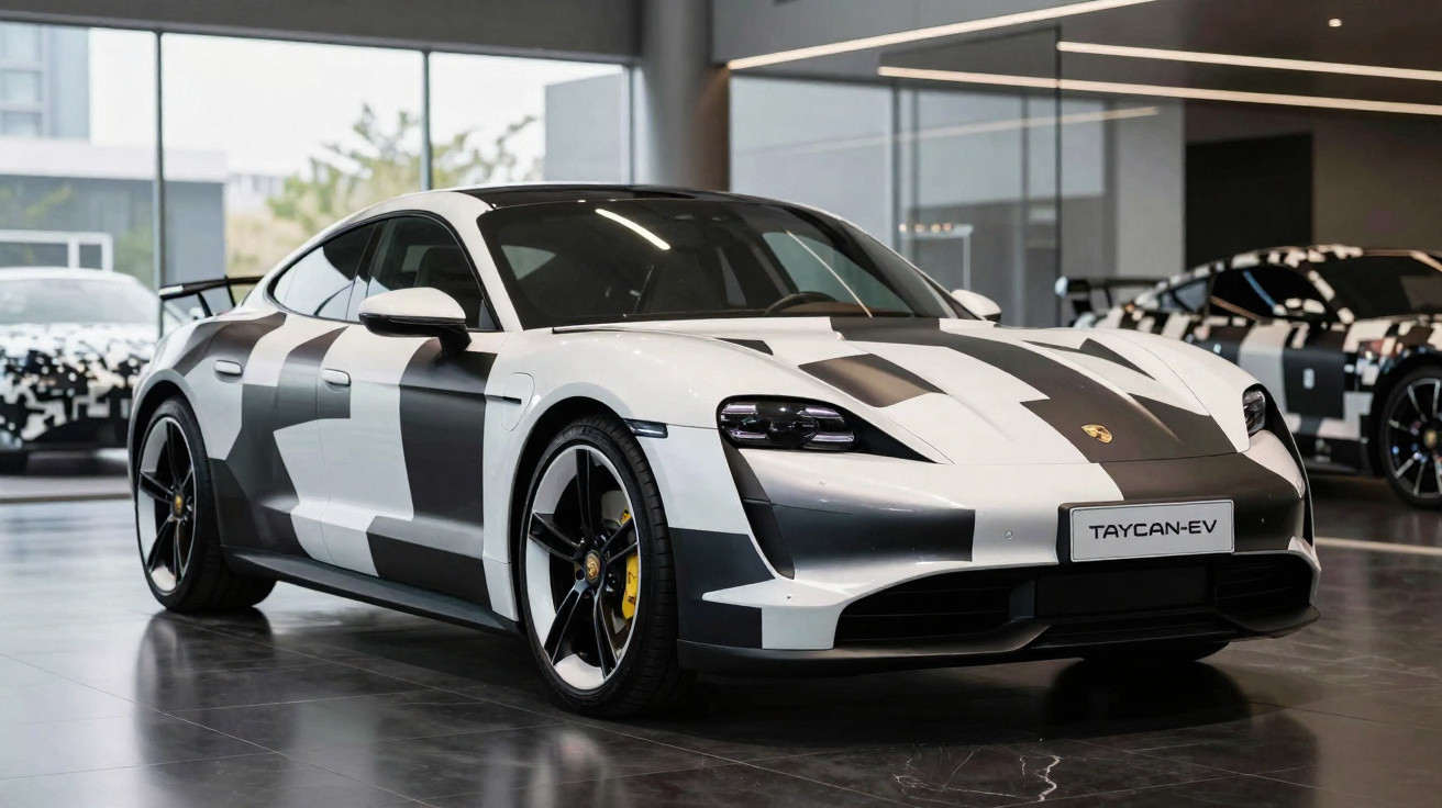 Weiß-schwarzer Porsche Taycan EV Sportwagen im Showroom mit futuristischem Design und schwarzer Tarnfolie.